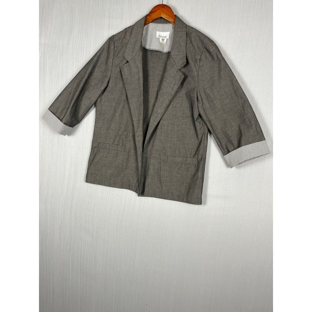 VTG Devon Linen Blazer Women 12‎ Gray ILGWU Unstructured 3/4 Sleeve Academia